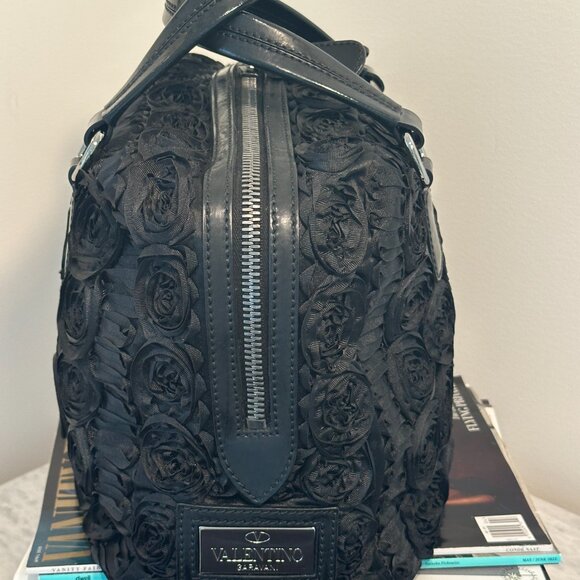 Valentino Garavani Rosier Black Fabric Applique Flowers Tote Bag Handbag - Picture 5 of 8